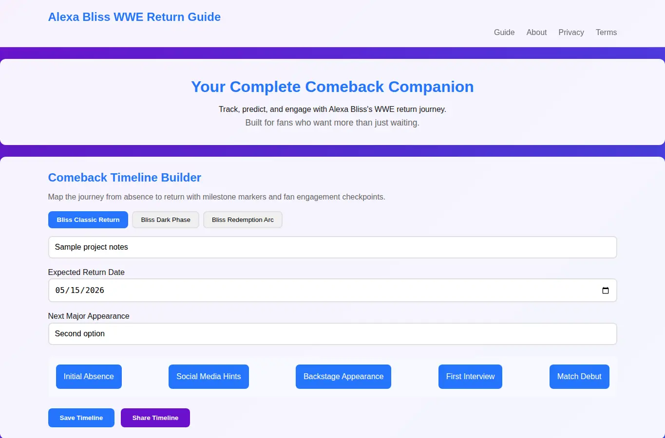 Screenshot of Alexa Bliss WWE Return Guide interface showing the project page in use
